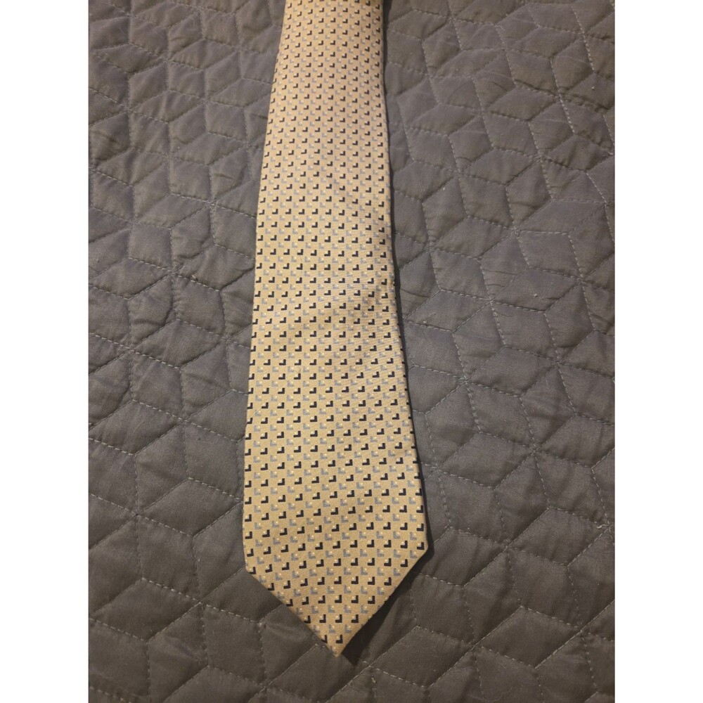 Tommy Hilfiger 100% Silk Tie Made in USA Gold Blue Geometric Mens Necktie
